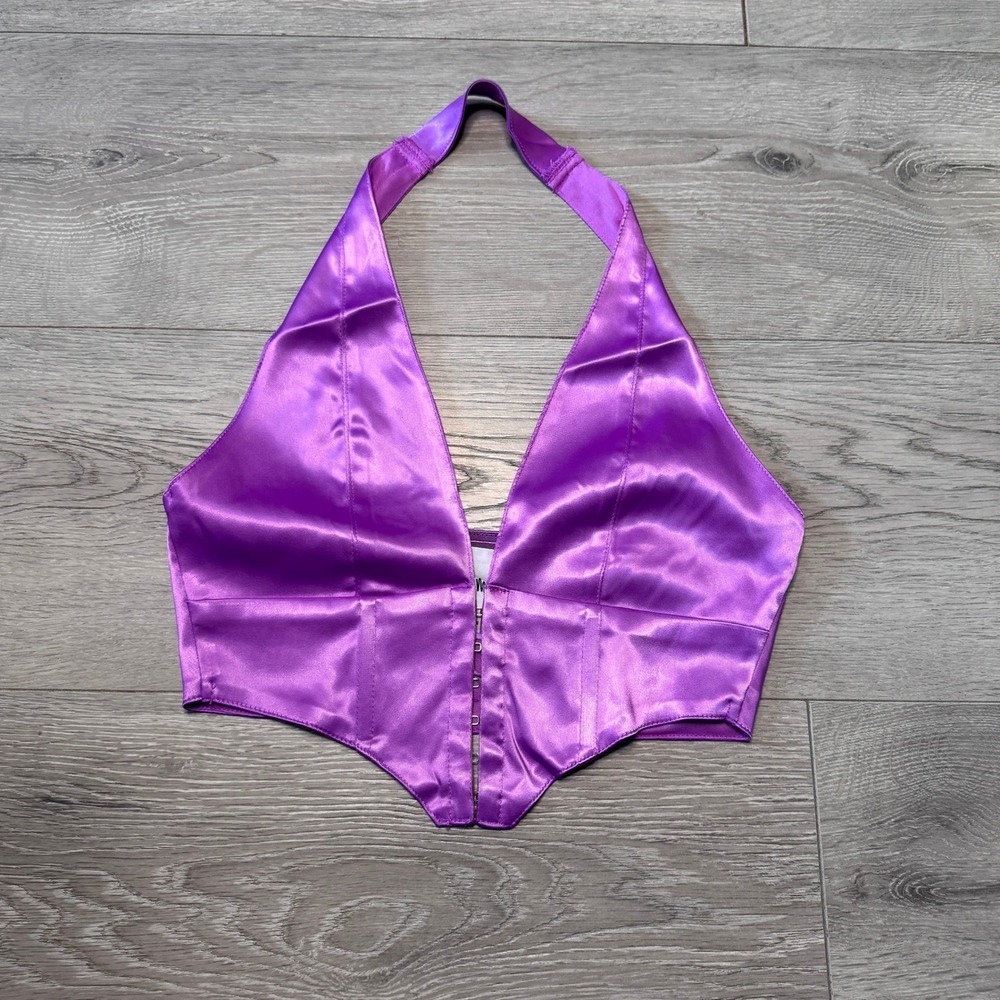 Sky to Moon Purple Satin Halter Corset Top Deep V-Neck Hook-and-Eye NWOT Small